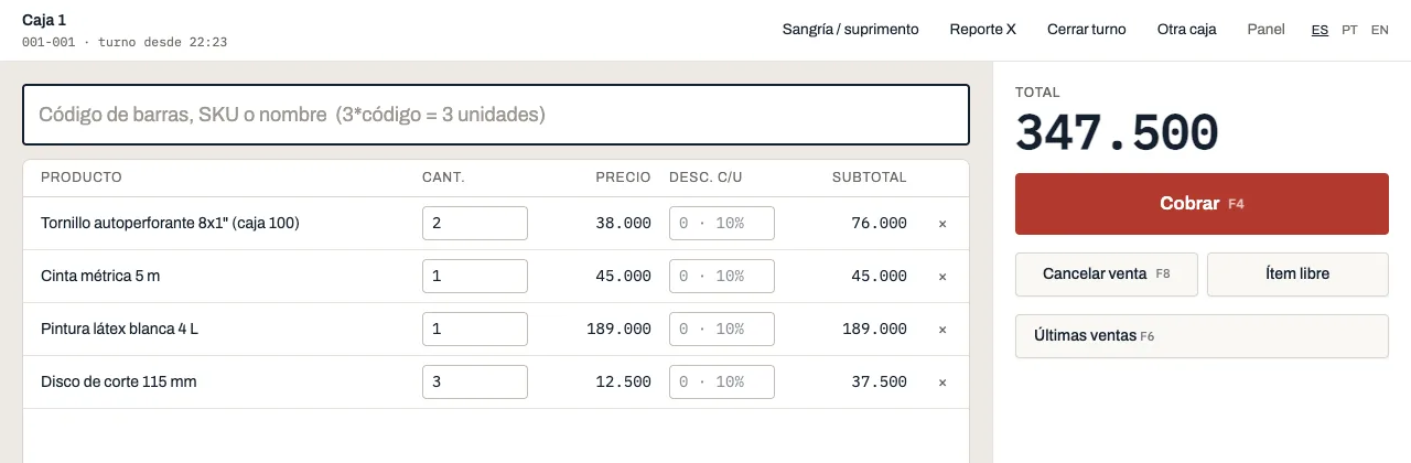 La caja de una ferretería de demostración: cuatro productos escaneados, total y botón de cobrar.