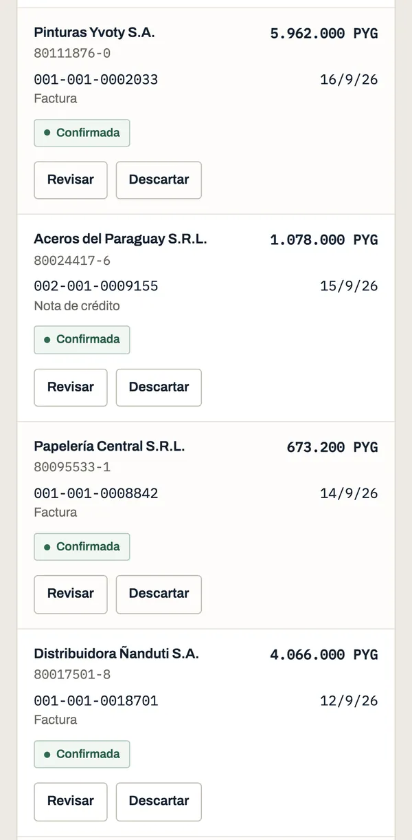 List of scanned purchases on a phone, each with supplier, number, amount and status.