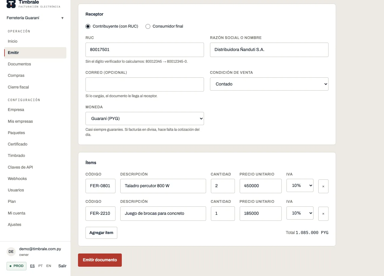 Issue screen in the Timbrale panel, with the recipient and two items filled in and the total calculated.
